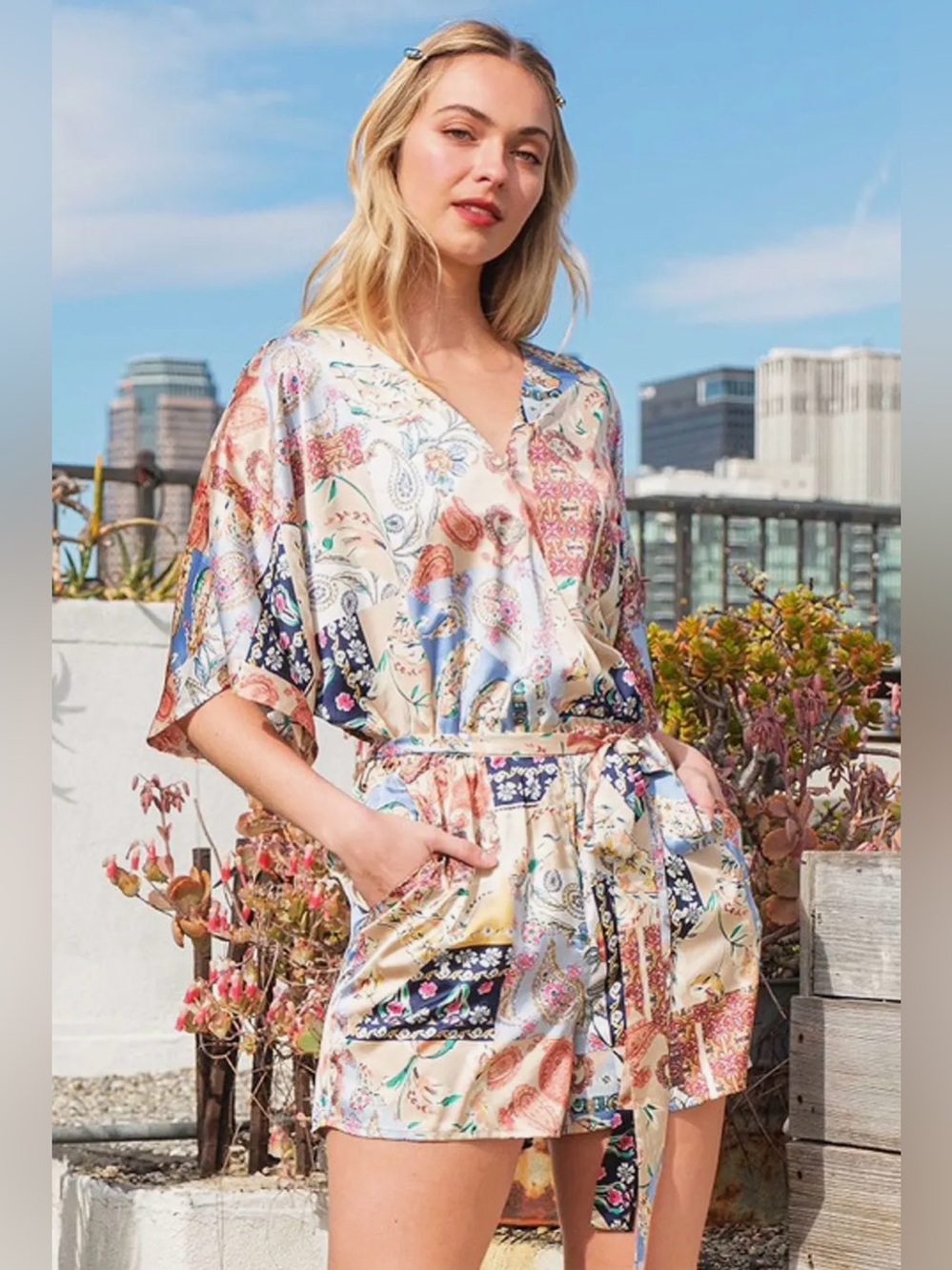 Blue paisley floral silk patchwork tie waist pocket western bobo chic romper